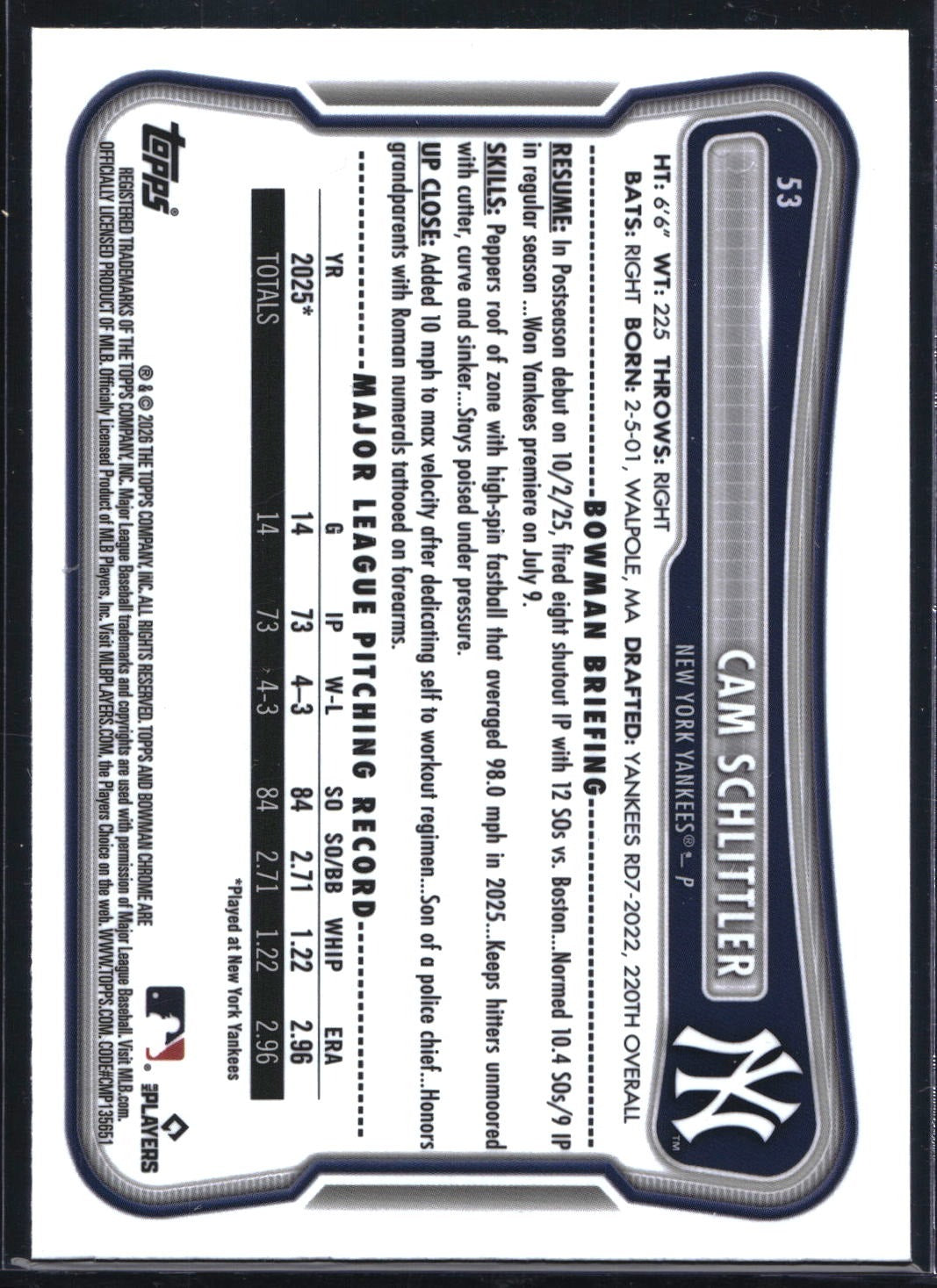 2026 Bowman #53 Cam Schlittler Chrome Mojo Refractor