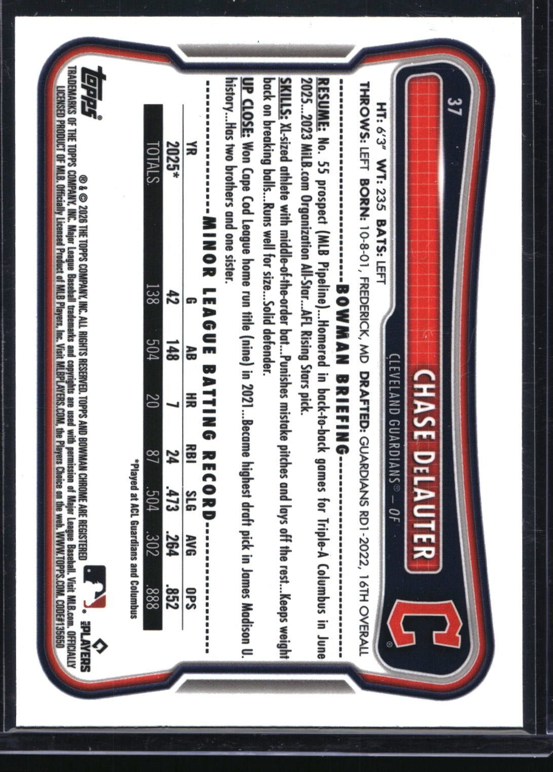 2026 Bowman #37 Chase DeLauter Rookie Red RC Logo
