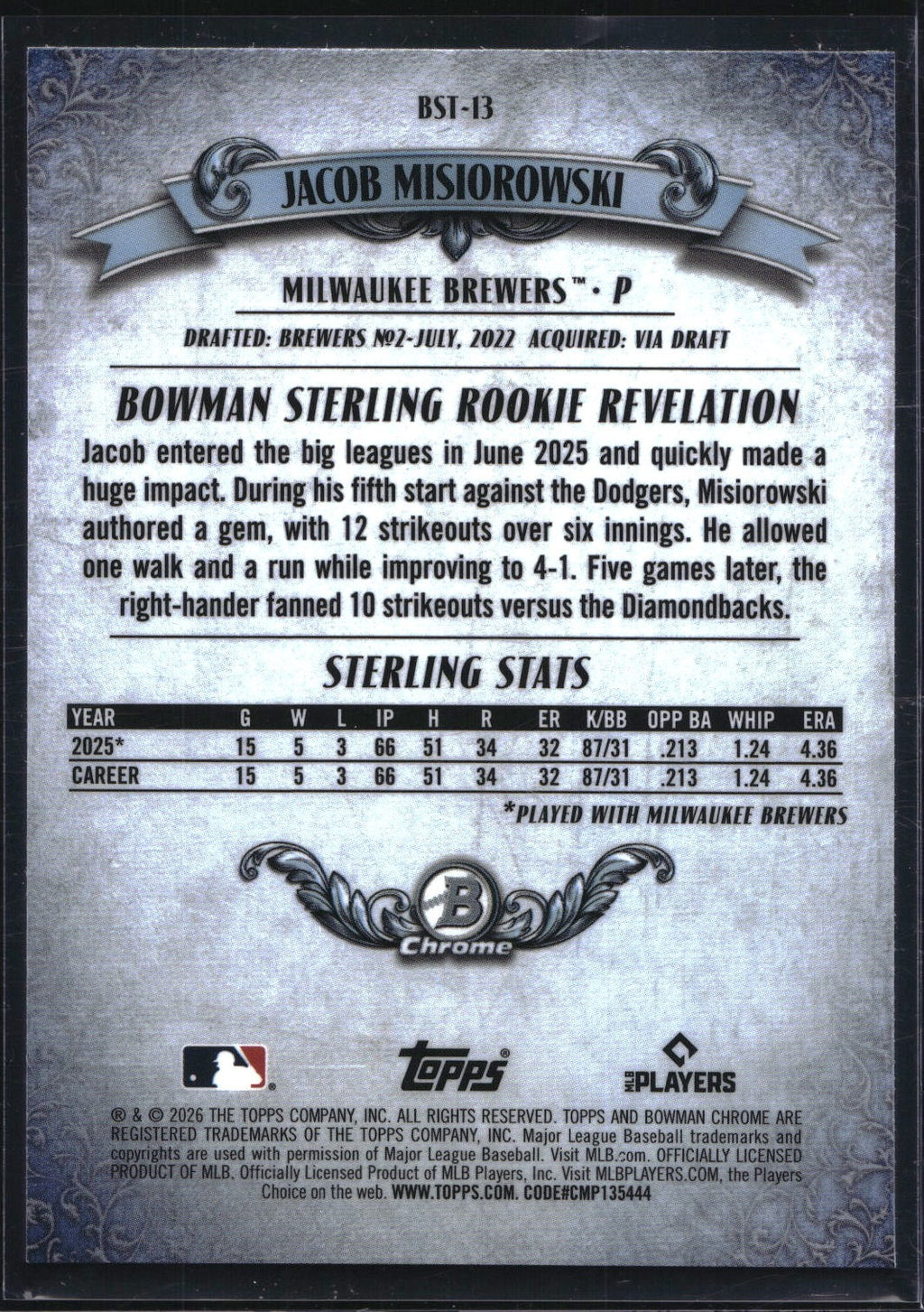 2026 Bowman #BST-13 Jacob Misiorowski Bowman Sterling