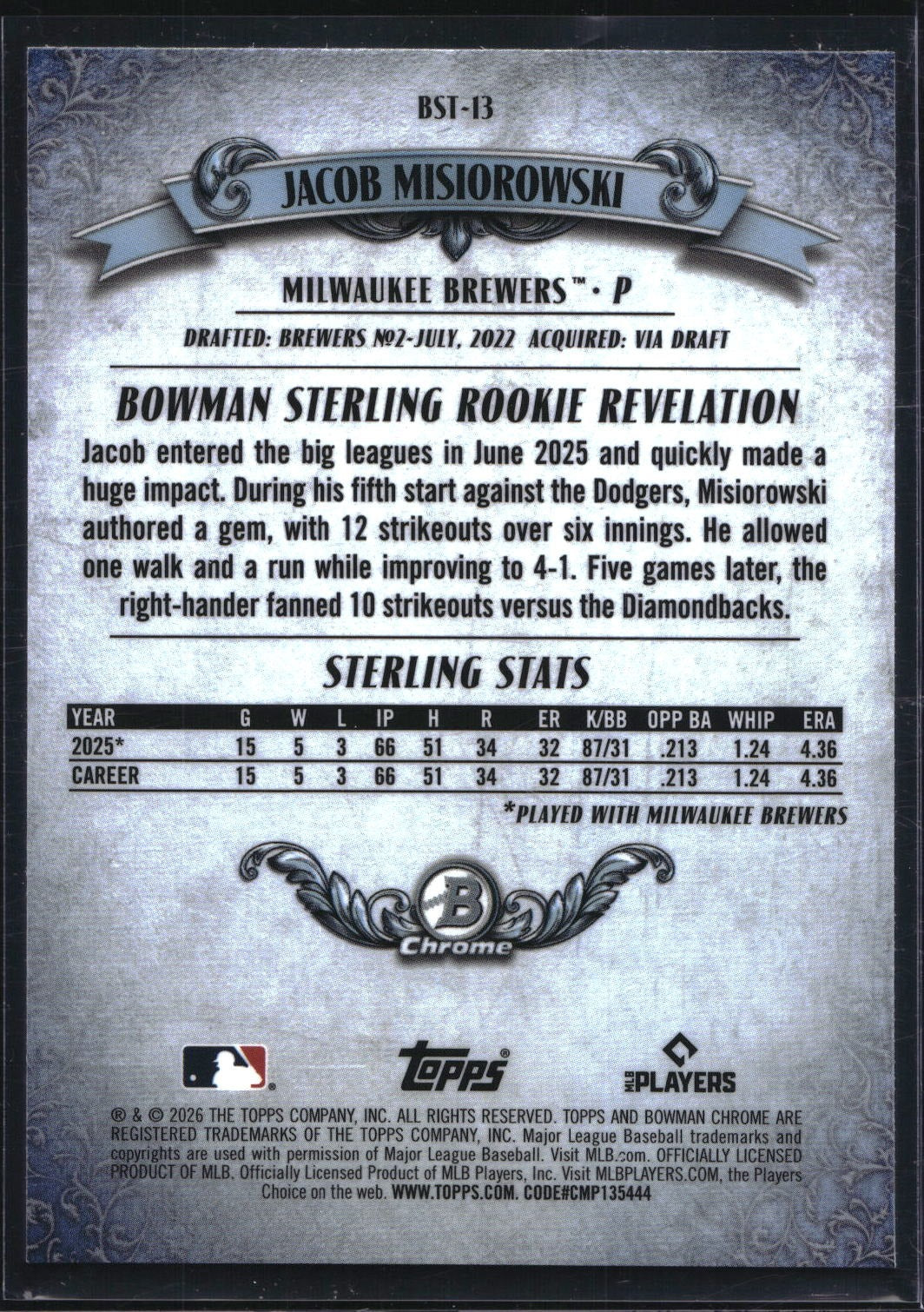2026 Bowman #BST-13 Jacob Misiorowski Bowman Sterling