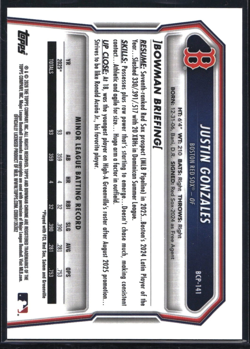 2026 Bowman #BCP-141 Justin Gonzales Chrome Prospects Reptilian Refractor