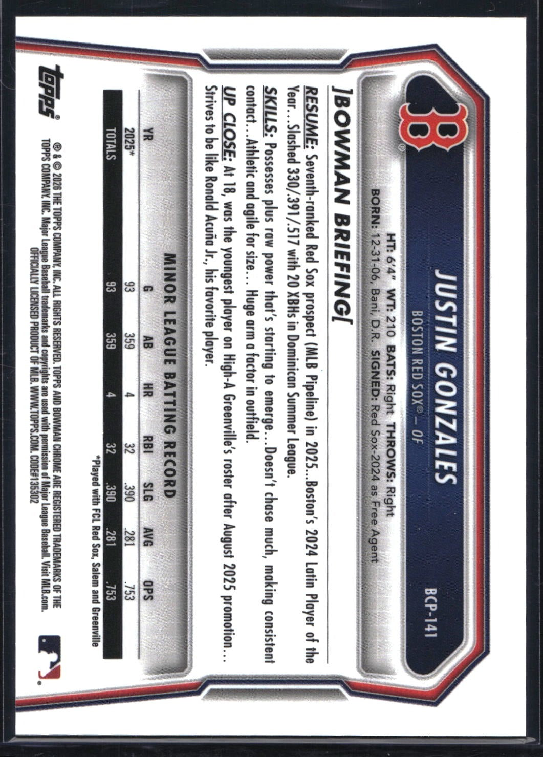 2026 Bowman #BCP-141 Justin Gonzales Chrome Prospects Reptilian Refractor