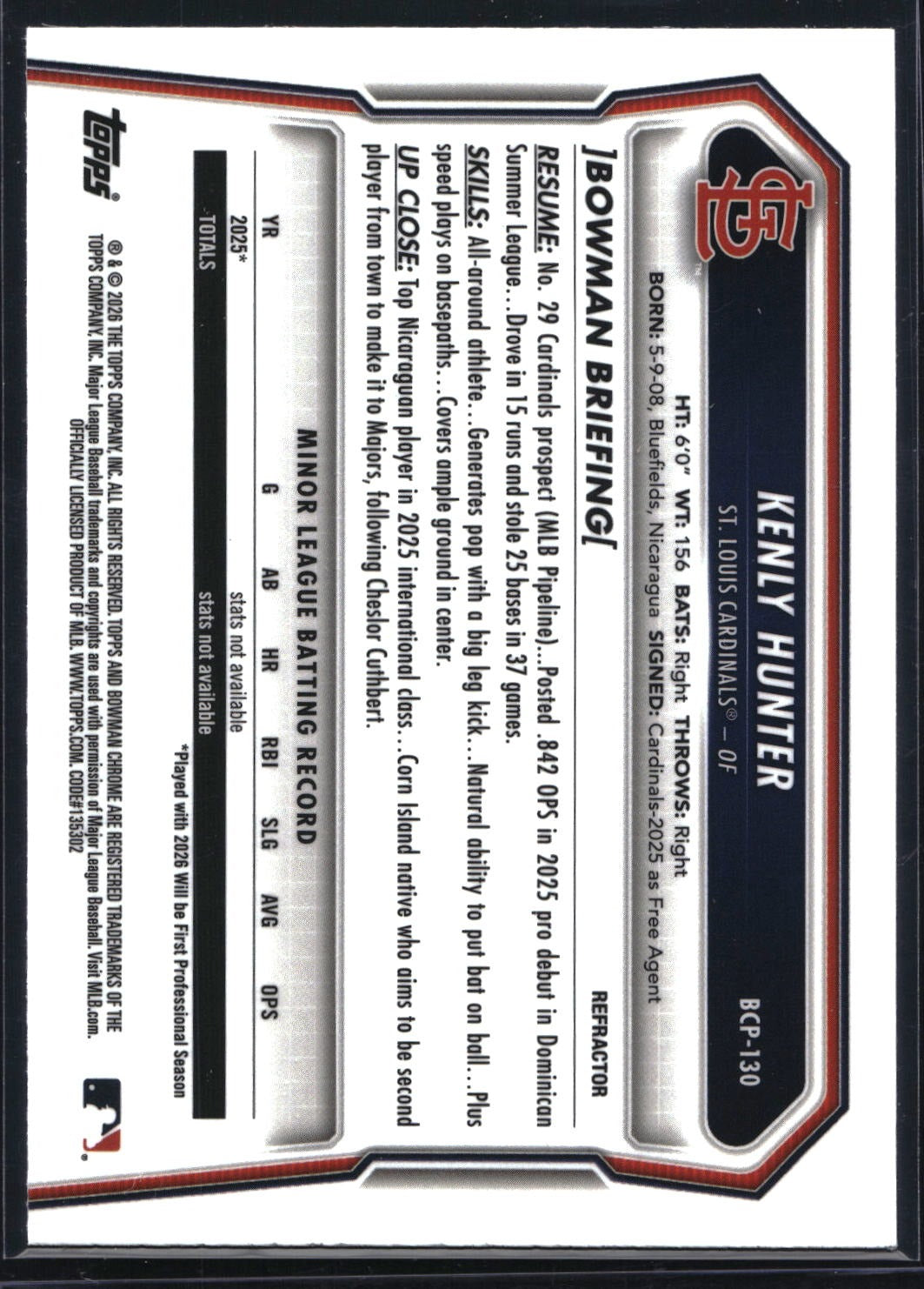2026 Bowman #BCP-130 Kenly Hunter Chrome Prospects Refractor #/499