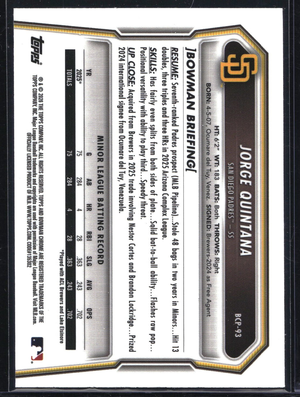 2026 Bowman #BCP-93 Jorge Quintana Chrome Prospects Lava Refractor #/399