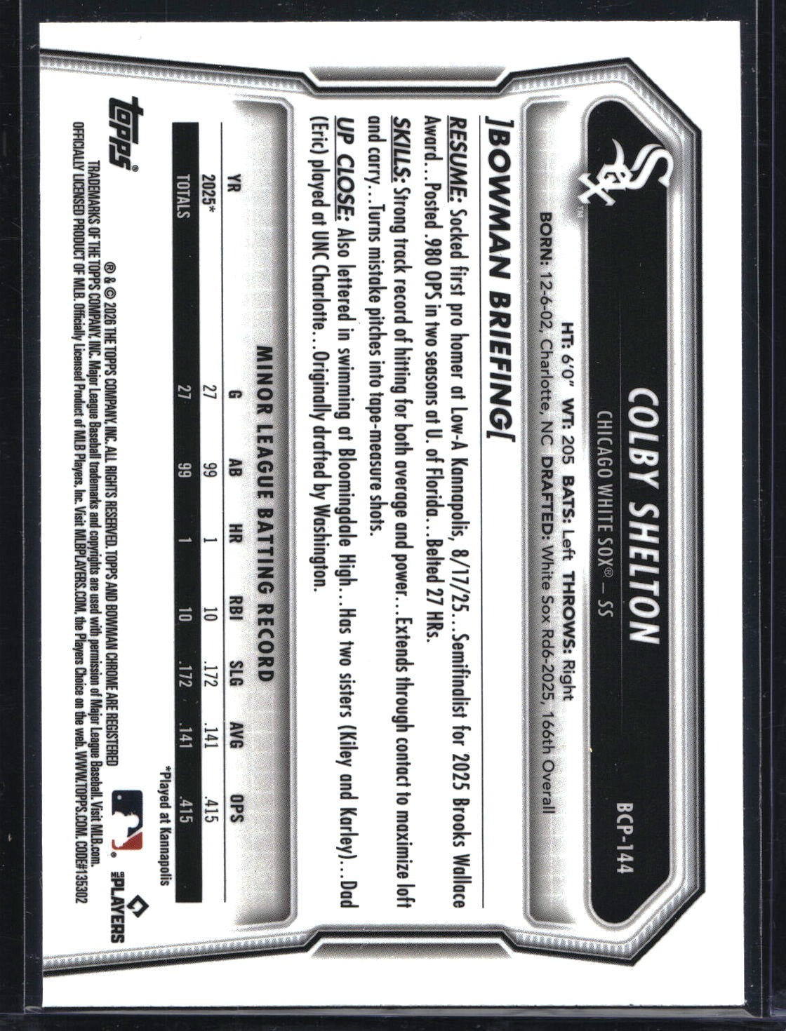2026 Bowman #BCP-144 Colby Shelton Chrome Prospects Lava Refractor #/399