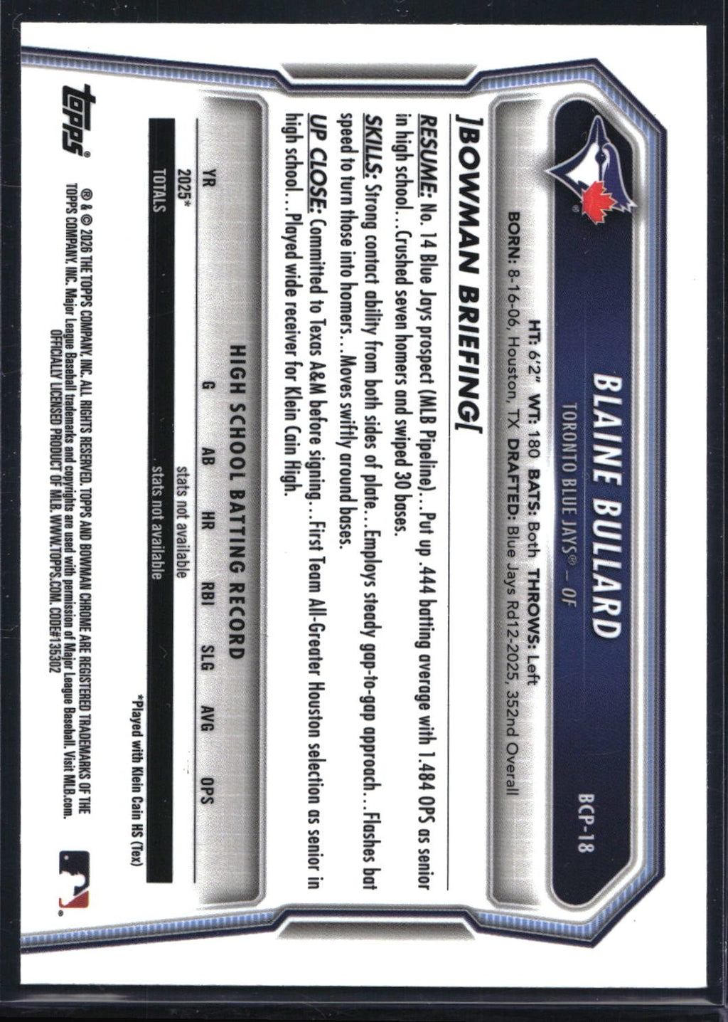 2026 Bowman #BCP-18 Blaine Bullard Chrome Prospects Speckle Refractor #/299
