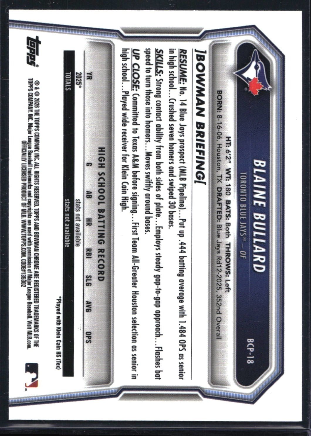 2026 Bowman #BCP-18 Blaine Bullard Chrome Prospects Speckle Refractor #/299