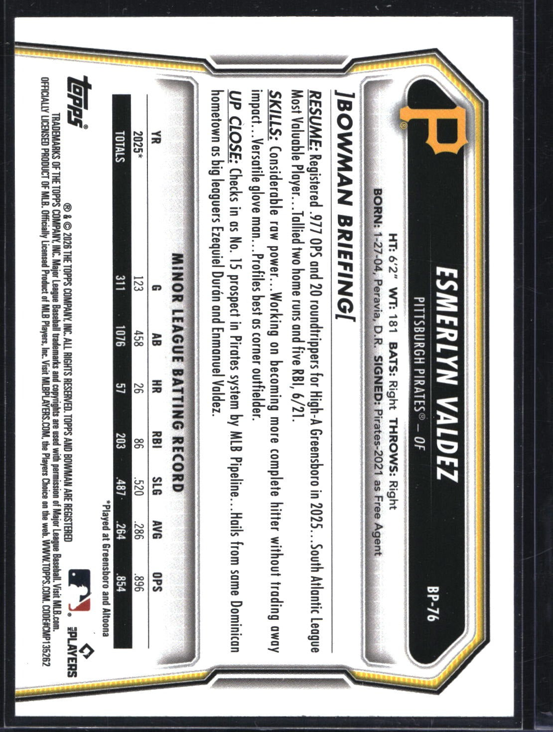2026 Bowman #BP-76 Esmerlyn Valdez Prospects Purple Pattern #/250