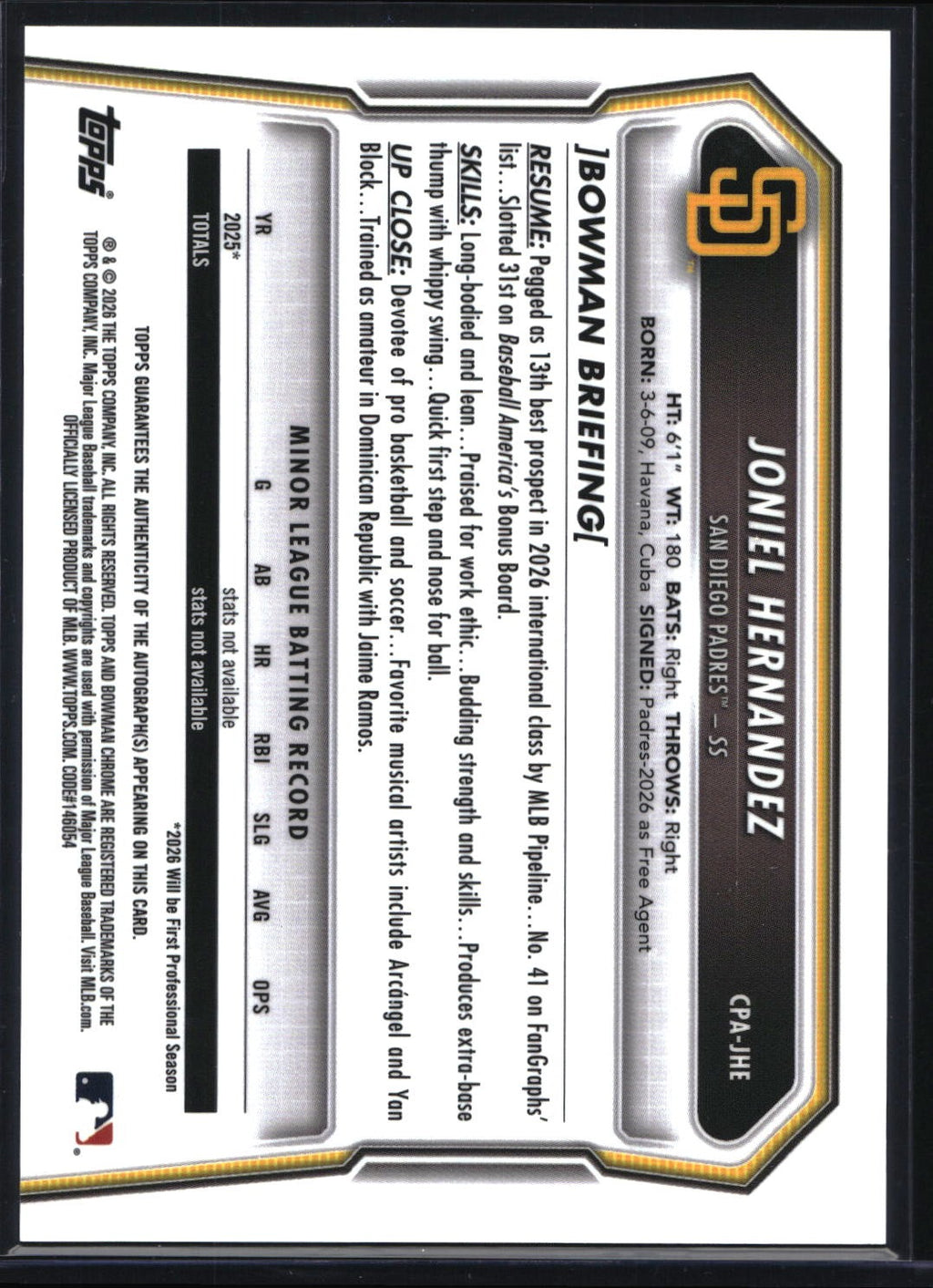 2026 Bowman Chrome CPA-JHE Joniel Hernandez Mini-Diamond Auto /100