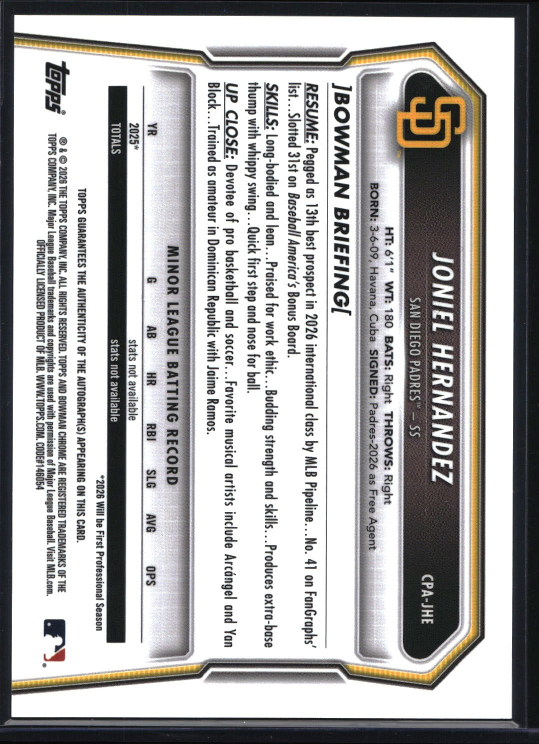 2026 Bowman Chrome CPA-JHE Joniel Hernandez Mini-Diamond Auto /100