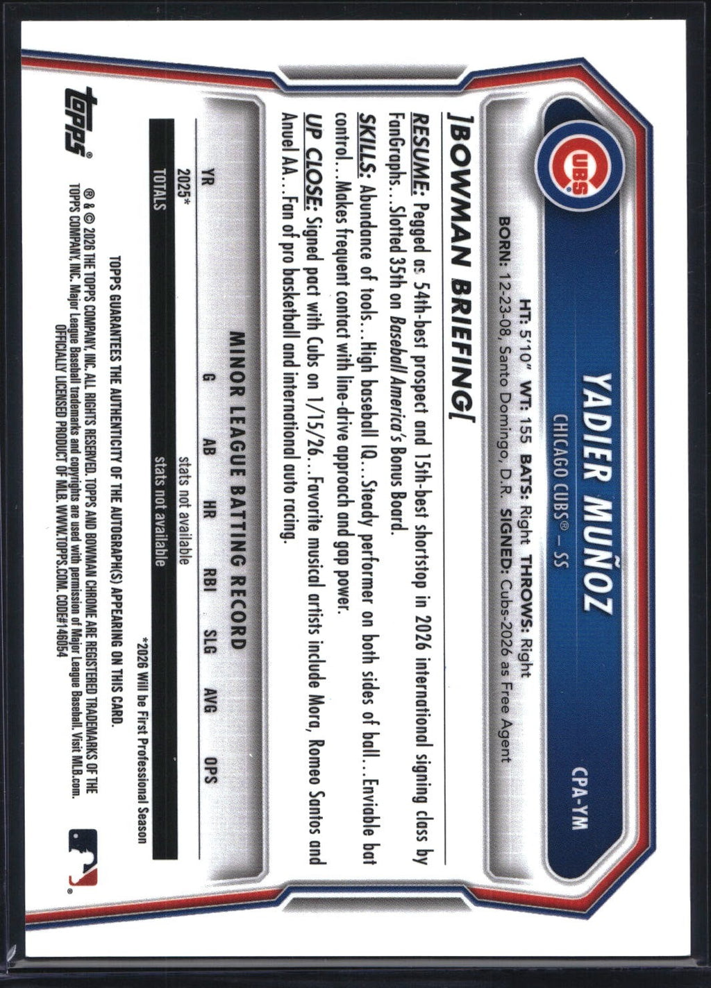 2026 Bowman Chrome CPA-YM Yadier Munoz 1st Auto