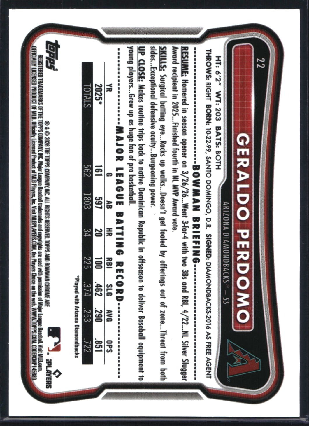 2026 Bowman Chrome #22 Geraldo Perdomo Orange Refractor #/25