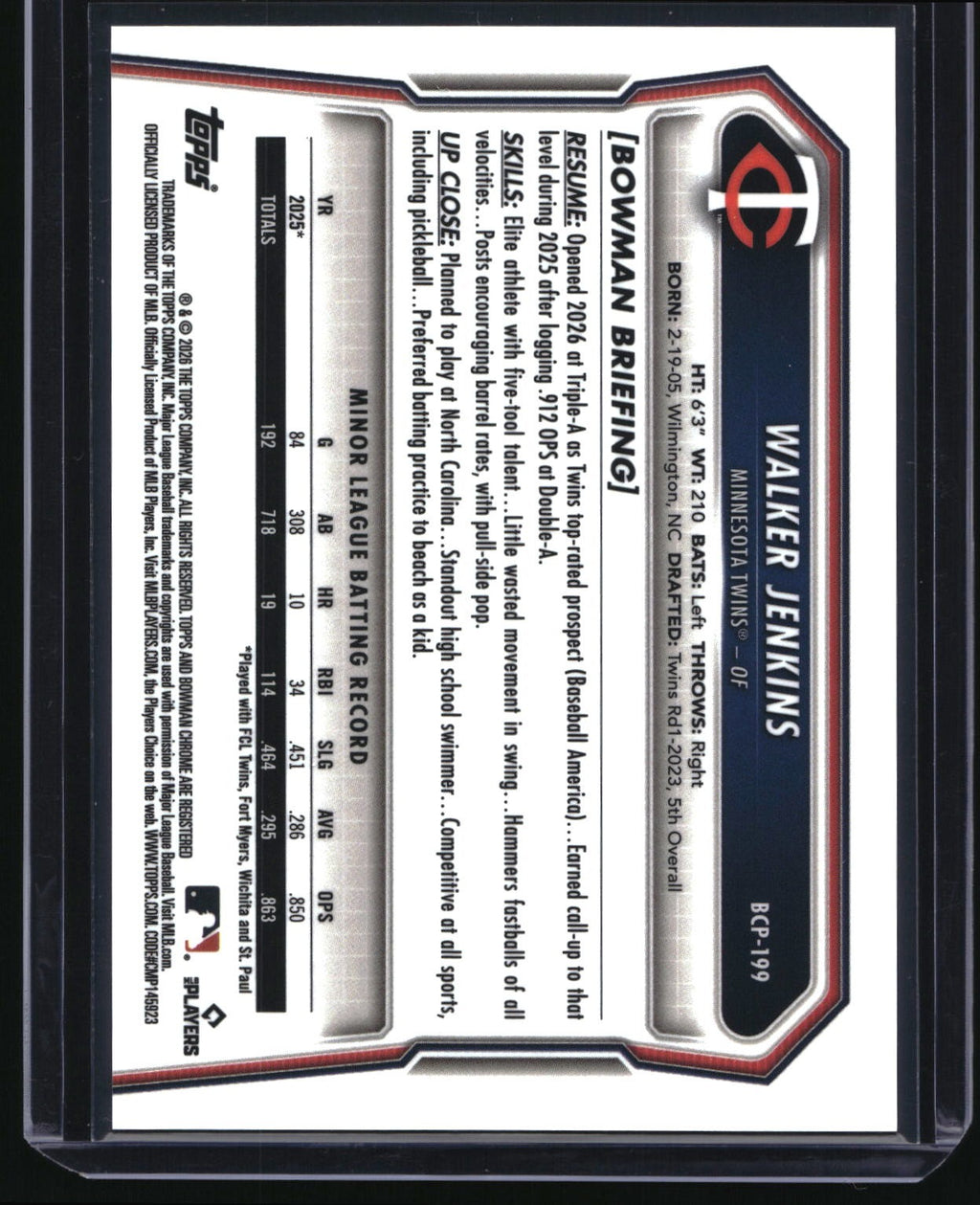 2026 Bowman Chrome #BCP-199 Walker Jenkins Prospects Bowman Logofractor #/35