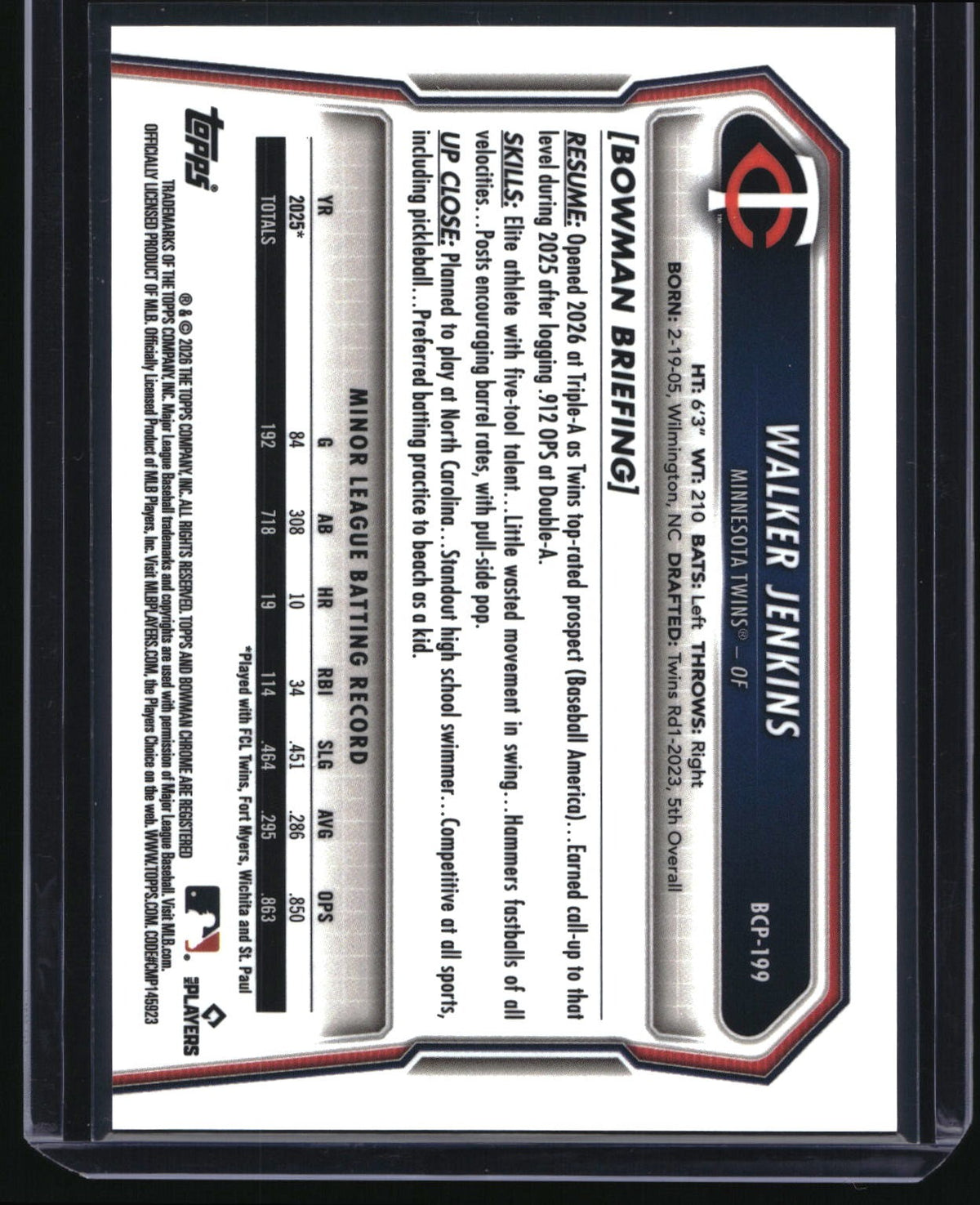 2026 Bowman Chrome #BCP-199 Walker Jenkins Prospects Bowman Logofractor #/35