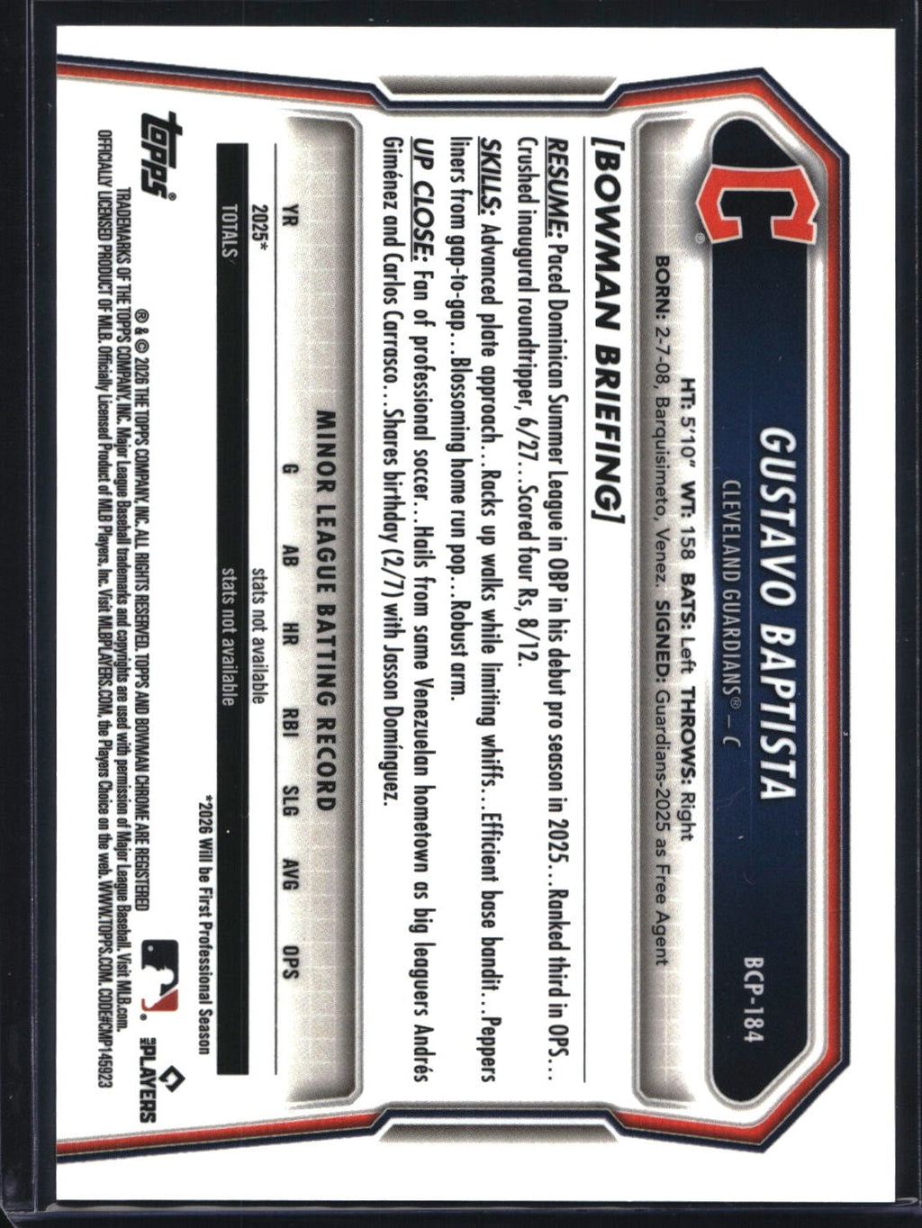 2026 Bowman Chrome #BCP-184 Gustavo Baptista Reptilian Green Refractor #/99