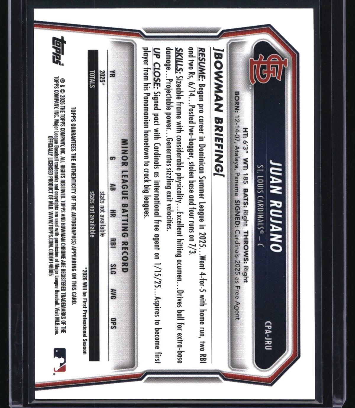 2026 Bowman Chrome #CPA-JRU Juan Rujano Prospect Autographs