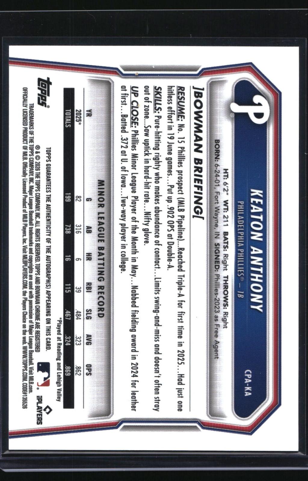 2026 Bowman Chrome #CPA-KA Keaton Anthony Prospect Autographs