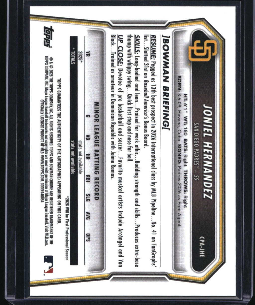 2026 Bowman Chrome #CPA-JHE Joniel Hernandez Prospect Autographs