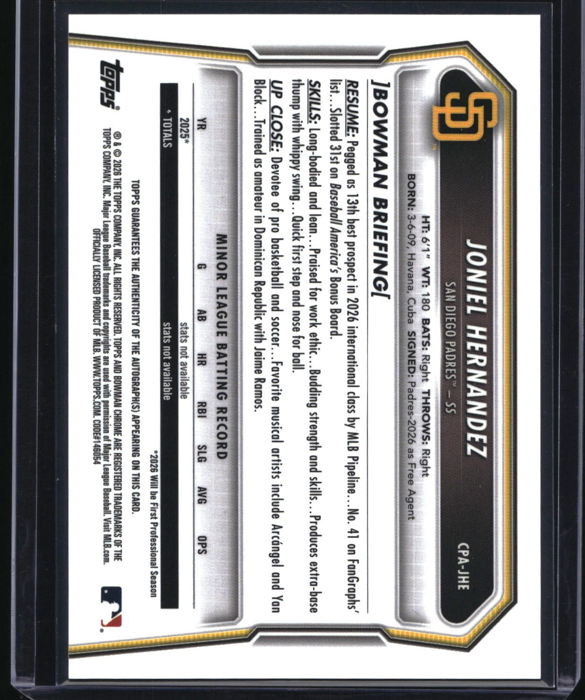 2026 Bowman Chrome #CPA-JHE Joniel Hernandez Prospect Autographs