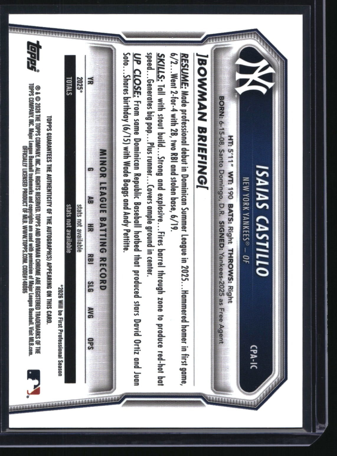 2026 Bowman Chrome #CPA-IC Isaias Castillo Prospect Autographs