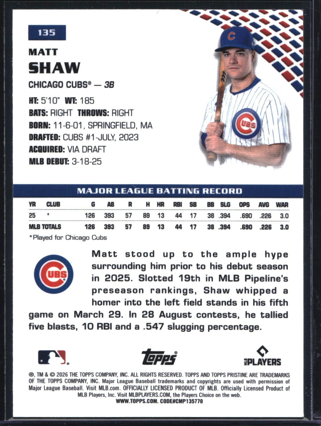 2026 Topps Pristine #135 Matt Shaw Aqua Refractor #/199
