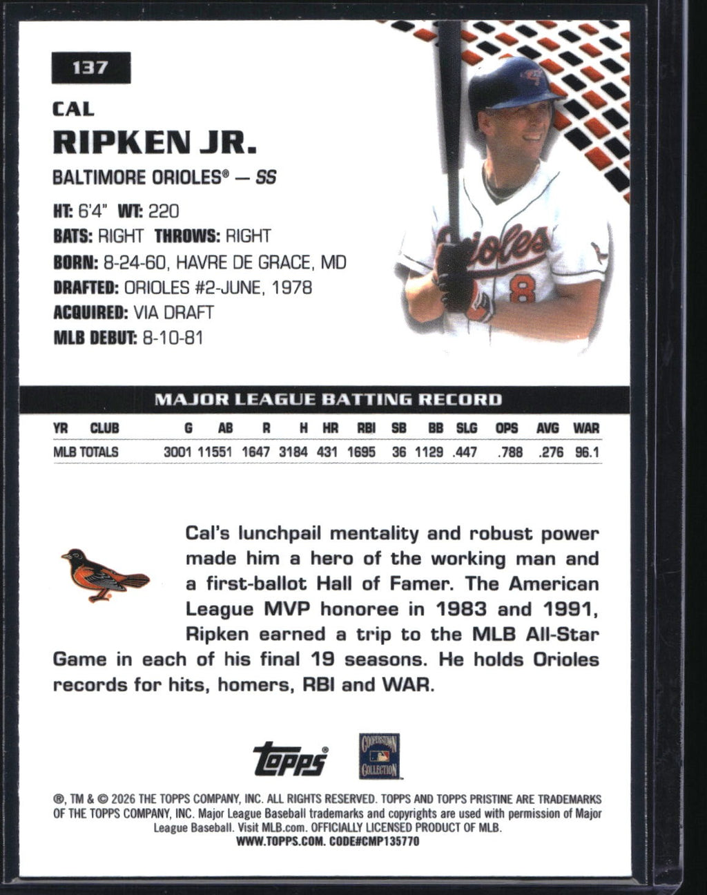 2026 Topps Pristine #137 Cal Ripken Jr. Green Refractor #/150