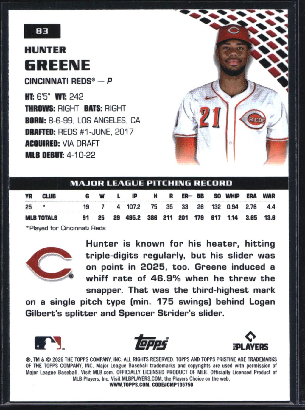 2026 Topps Pristine #83 Hunter Greene Green Refractor #/150