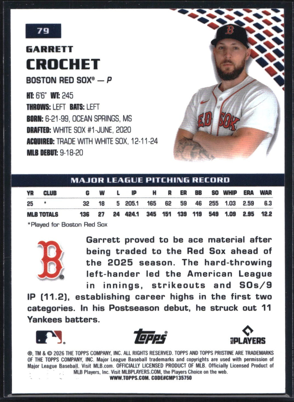 2026 Topps Pristine #79 Garrett Crochet Green Refractor #/150