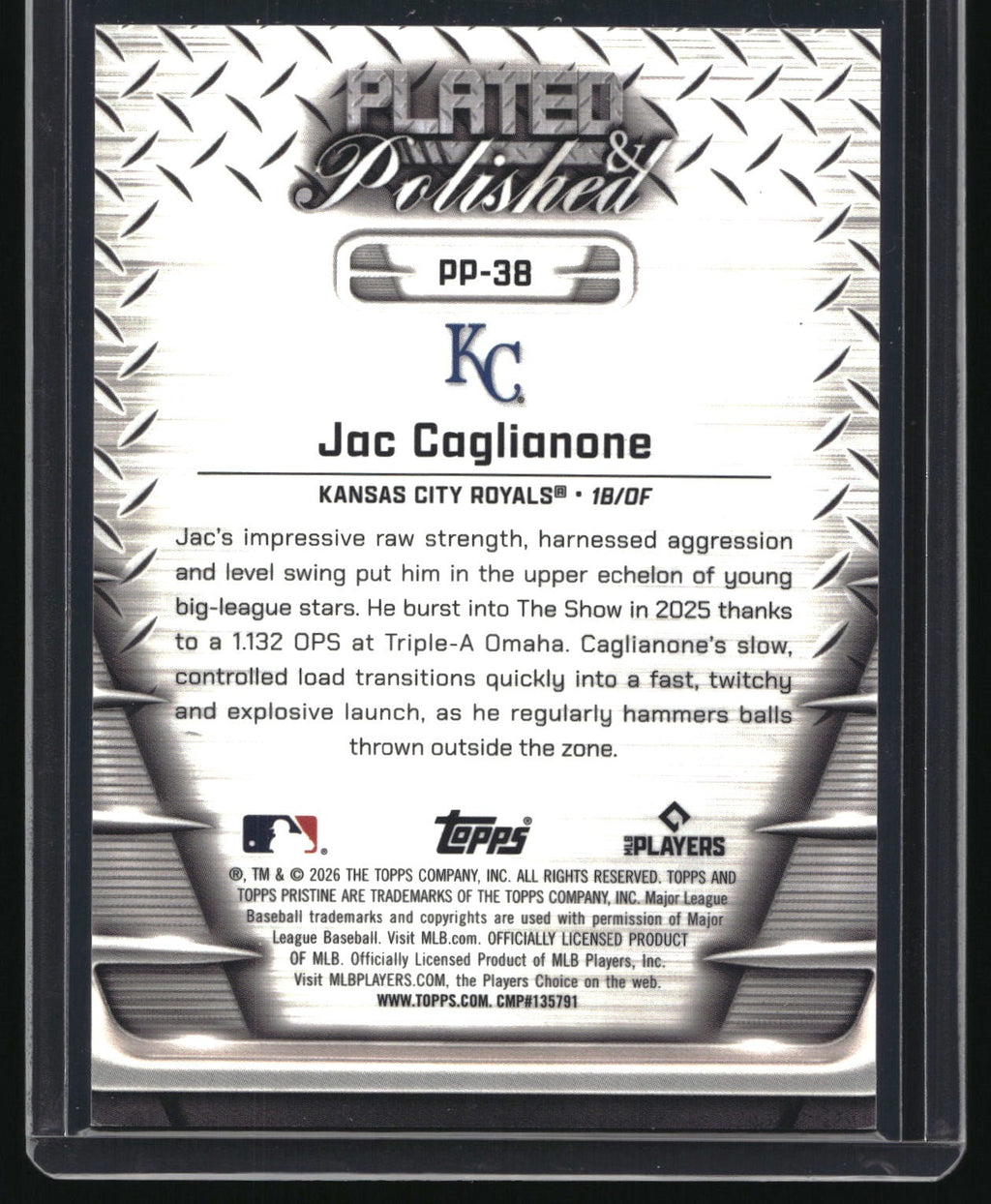 2026 Topps Pristine PP-38 Jac Caglianone Plated & Polished Purple Refractor #/99
