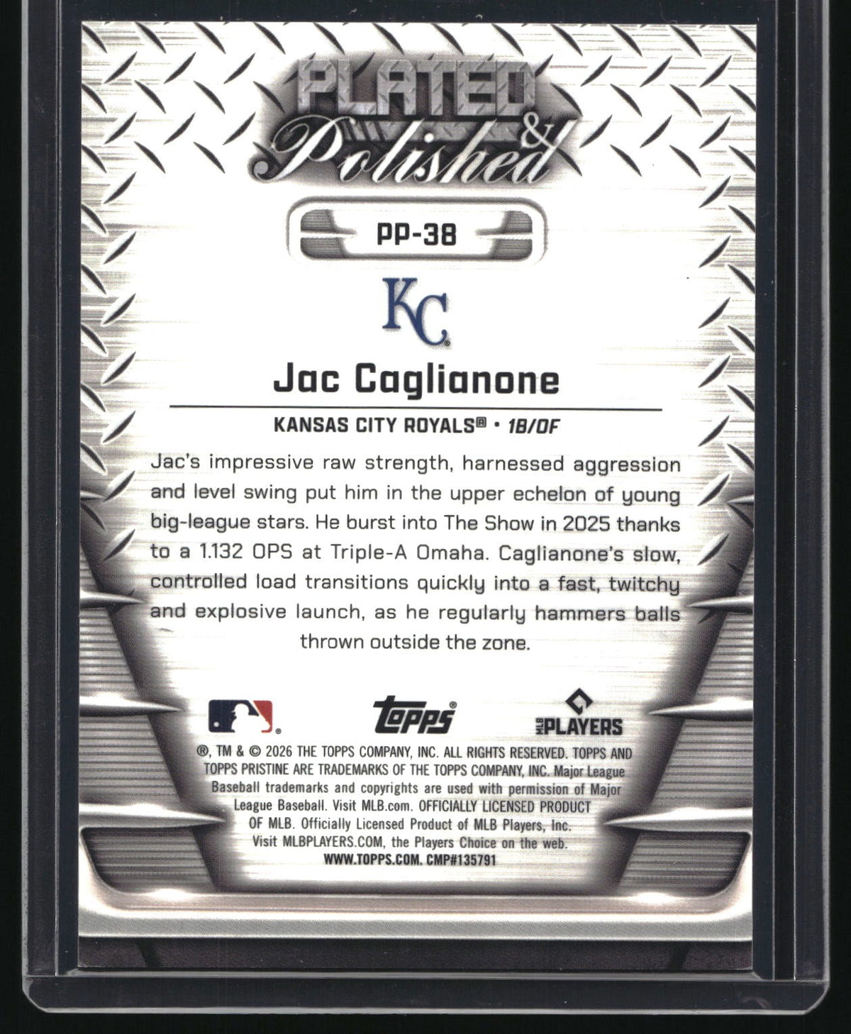 2026 Topps Pristine PP-38 Jac Caglianone Plated & Polished Purple Refractor #/99