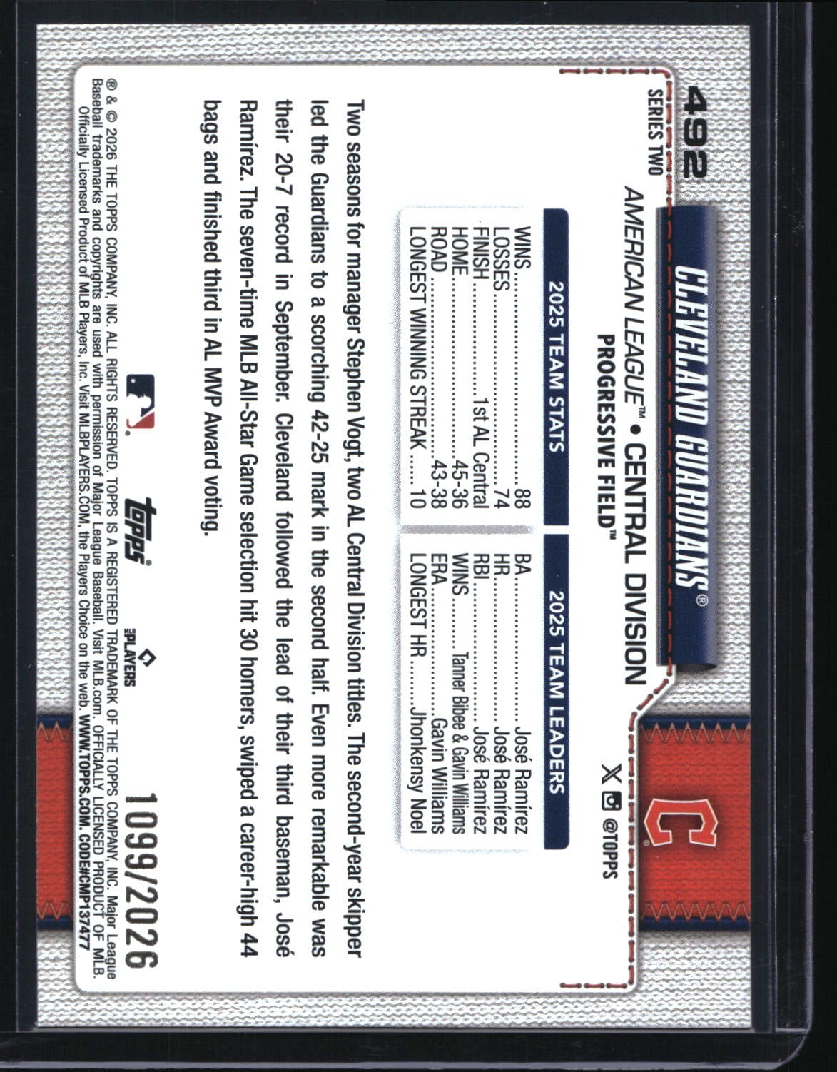 2026 Topps #492 Cleveland Guardians Gold #/2026