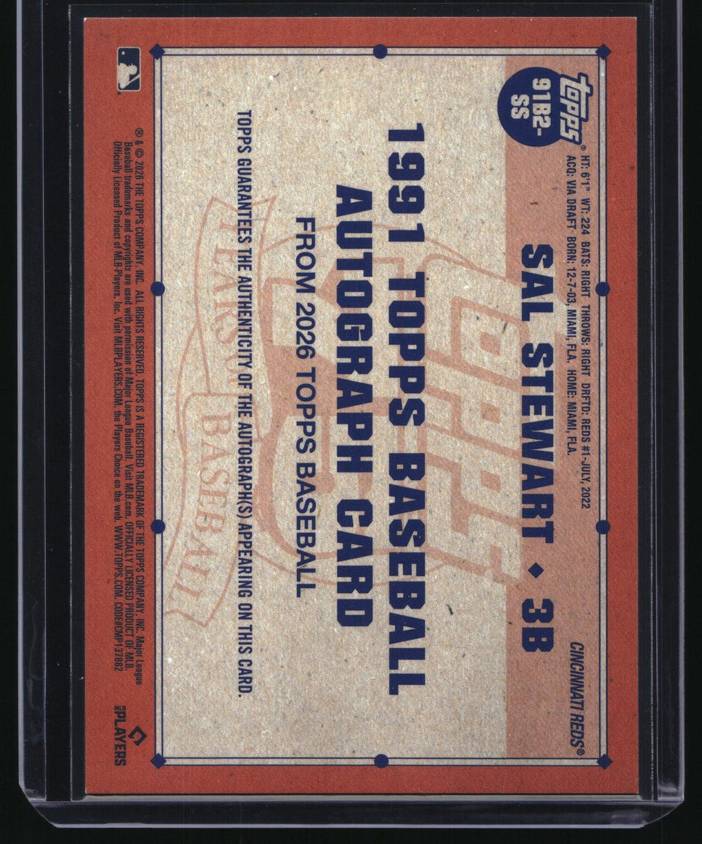 2026 Topps #91B2-SS Sal Stewart 1991 Topps Baseball 35th Anniversary Autographs