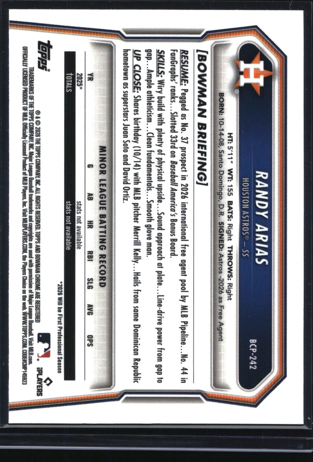 2026 Bowman Chrome #BCP-242 Randy Arias Prospects Aqua Pulsar Refractor #/125