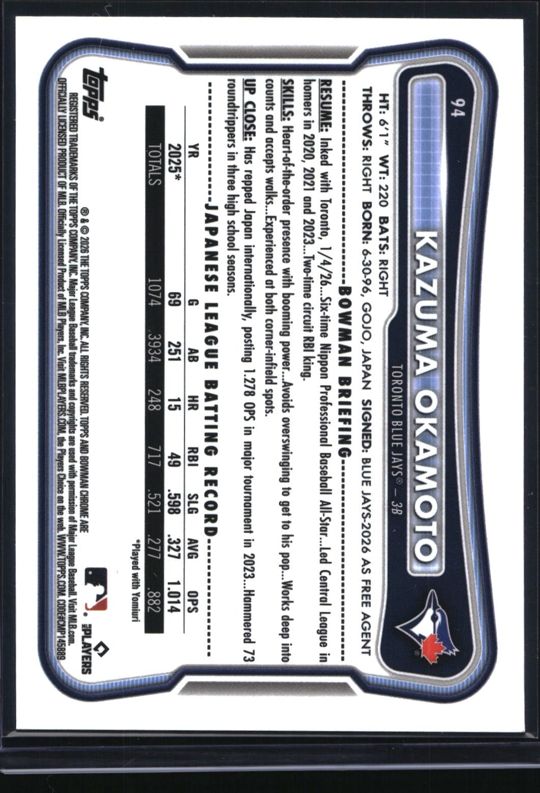 2026 Bowman Chrome #94 Kazuma Okamoto Blue Refractor #/150