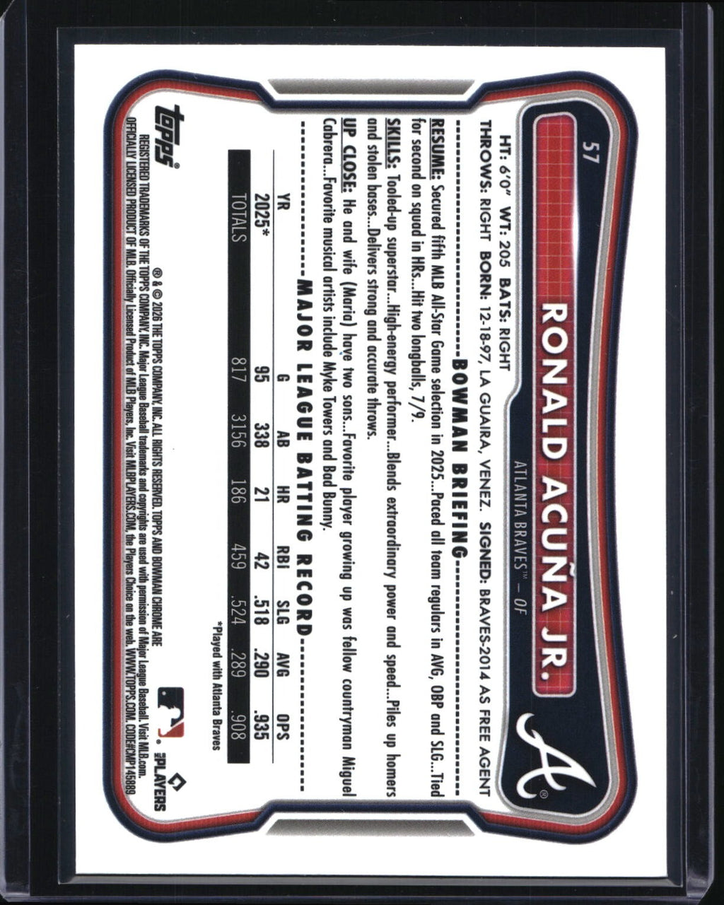 2026 Bowman Chrome #57 Ronald Acuña Jr. Blue Refractor #/150