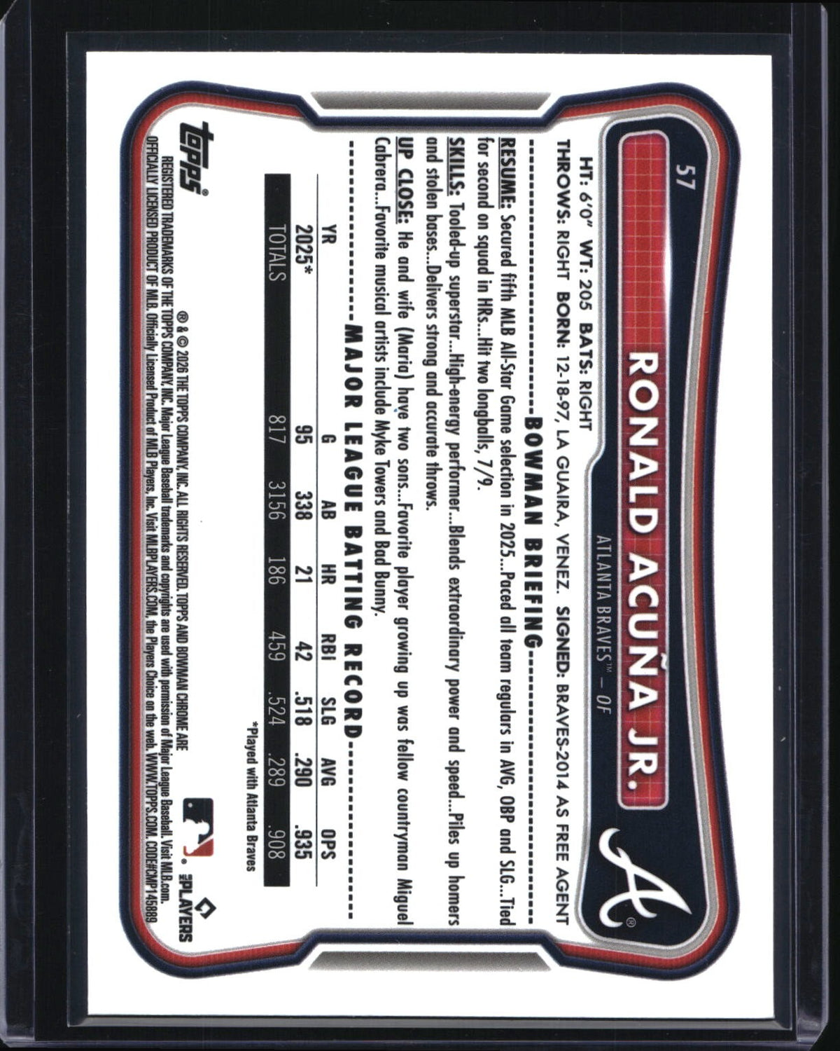 2026 Bowman Chrome #57 Ronald Acuña Jr. Blue Refractor #/150