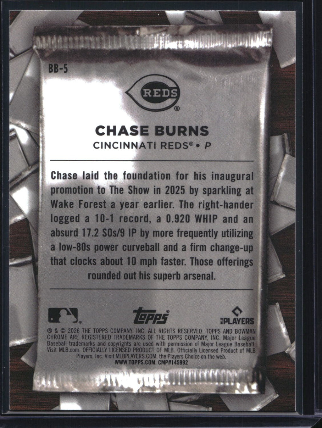 2026 Bowman Chrome #BB-5 Chase Burns Big Break! Mini-Diamond Refractor #/150