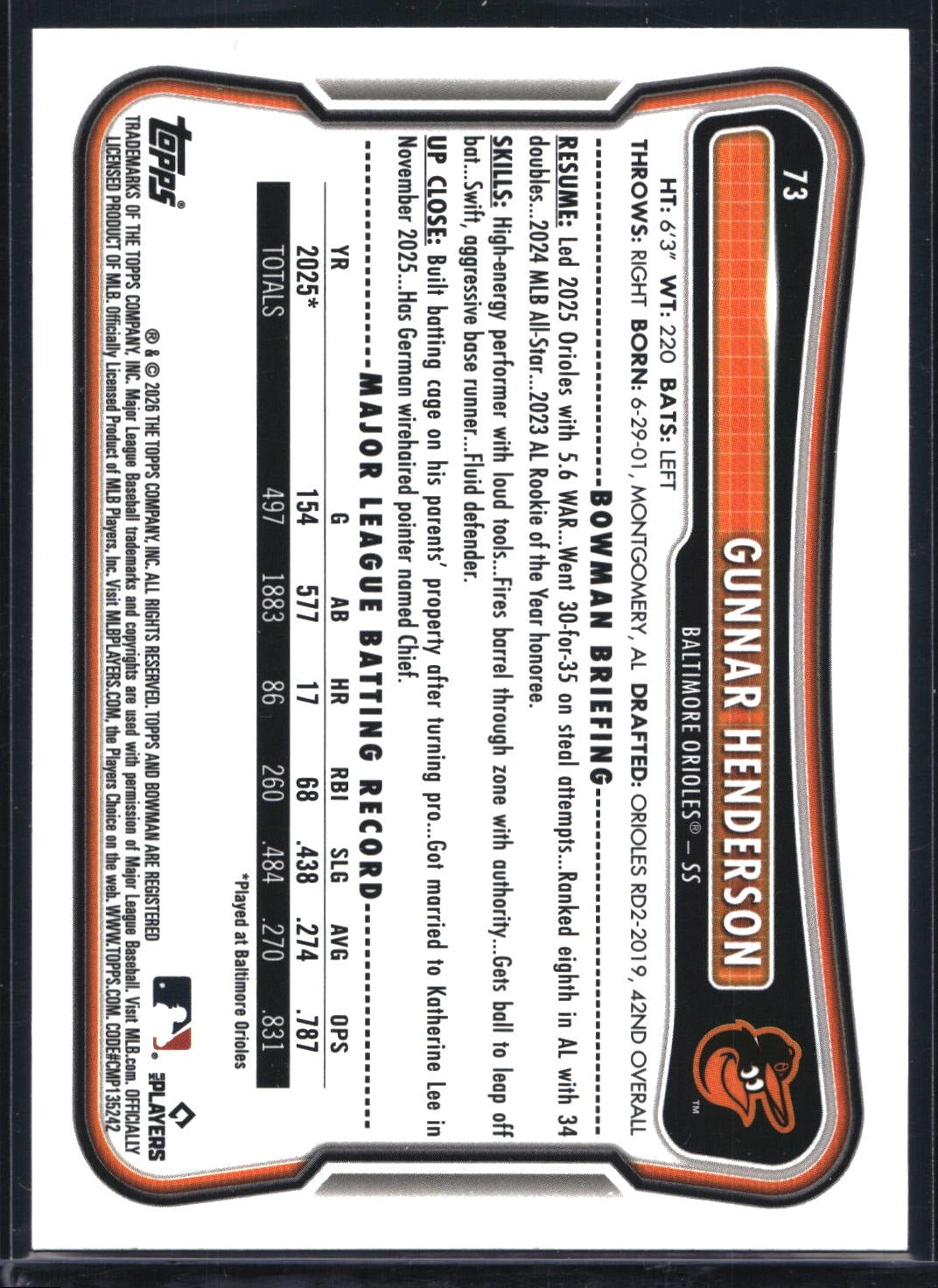 2026 Bowman #73 Gunnar Henderson Pink #/175