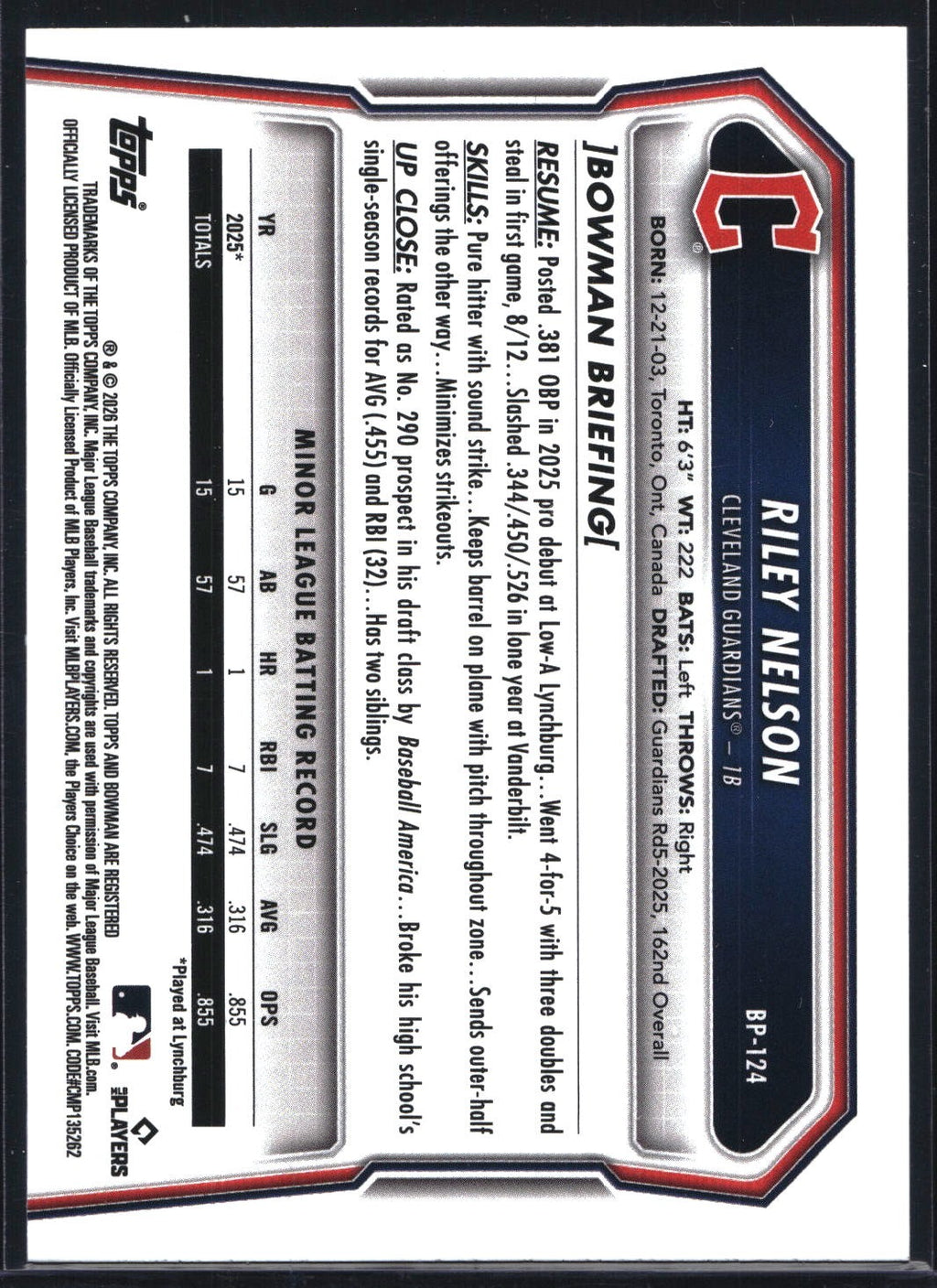 2026 Bowman #BP-124 Riley Nelson Prospects Blue #/150