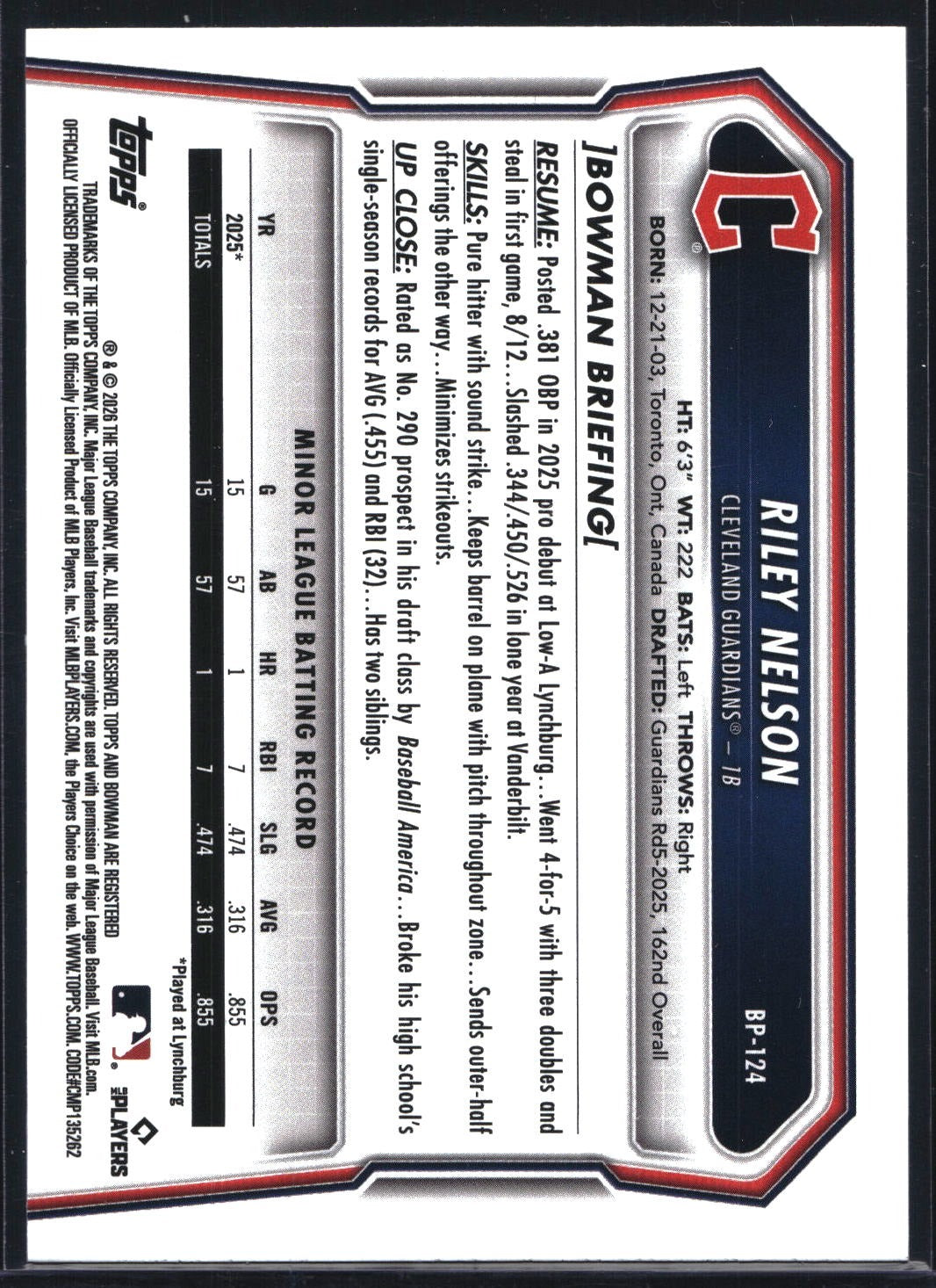 2026 Bowman #BP-124 Riley Nelson Prospects Blue #/150