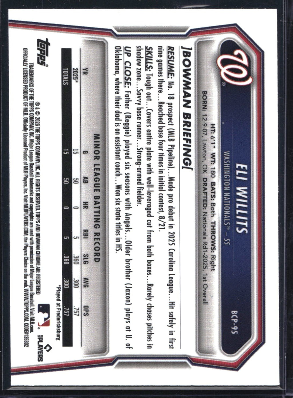 2026 Bowman #BCP-95 Eli Willits Chrome Prospects Blue Refractor #/150