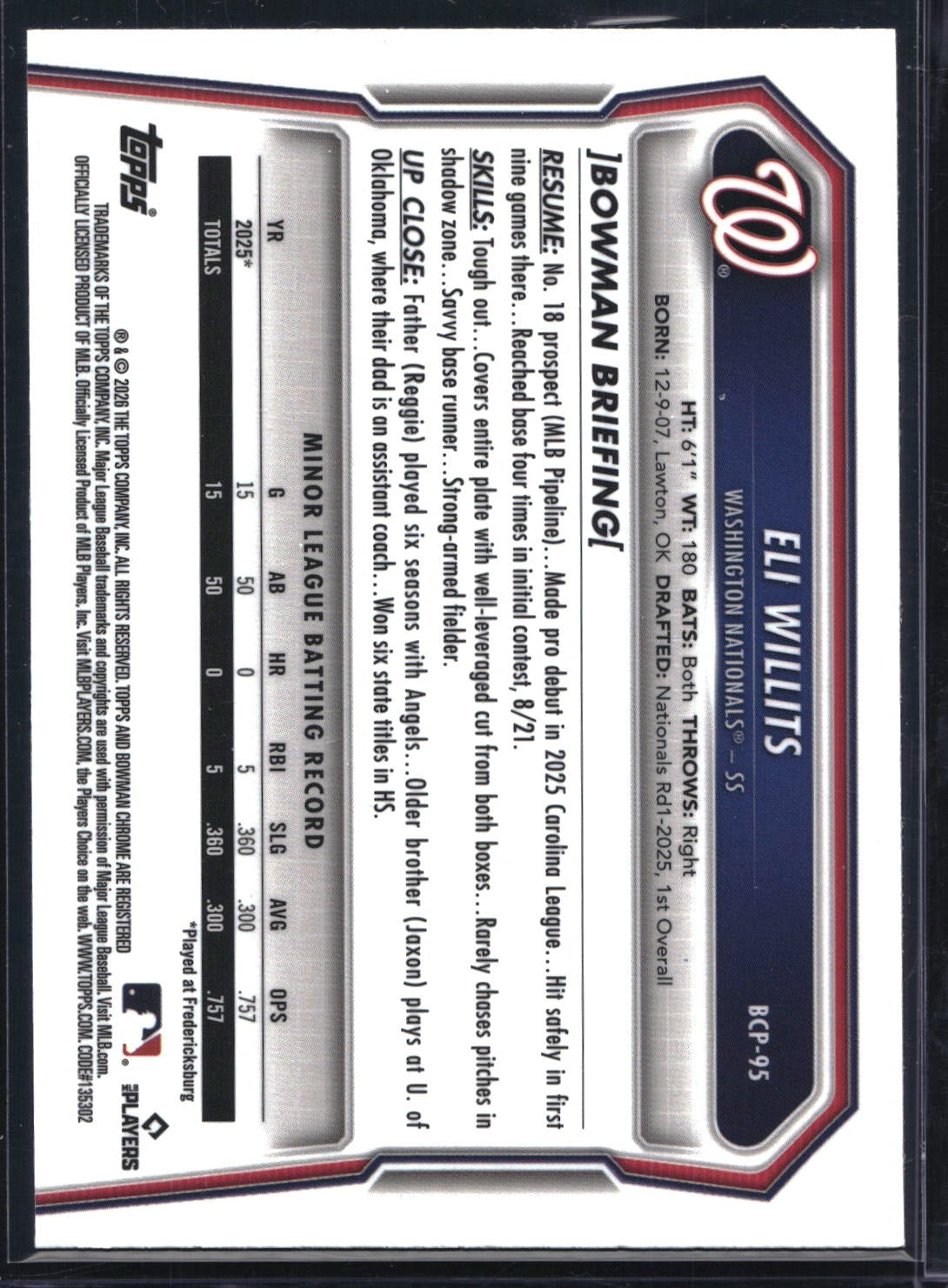 2026 Bowman #BCP-95 Eli Willits Chrome Prospects Blue Refractor #/150
