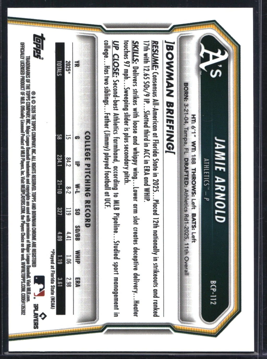 2026 Bowman #BCP-112 Jamie Arnold Chrome Prospects Green Shimmer Refractor #/99
