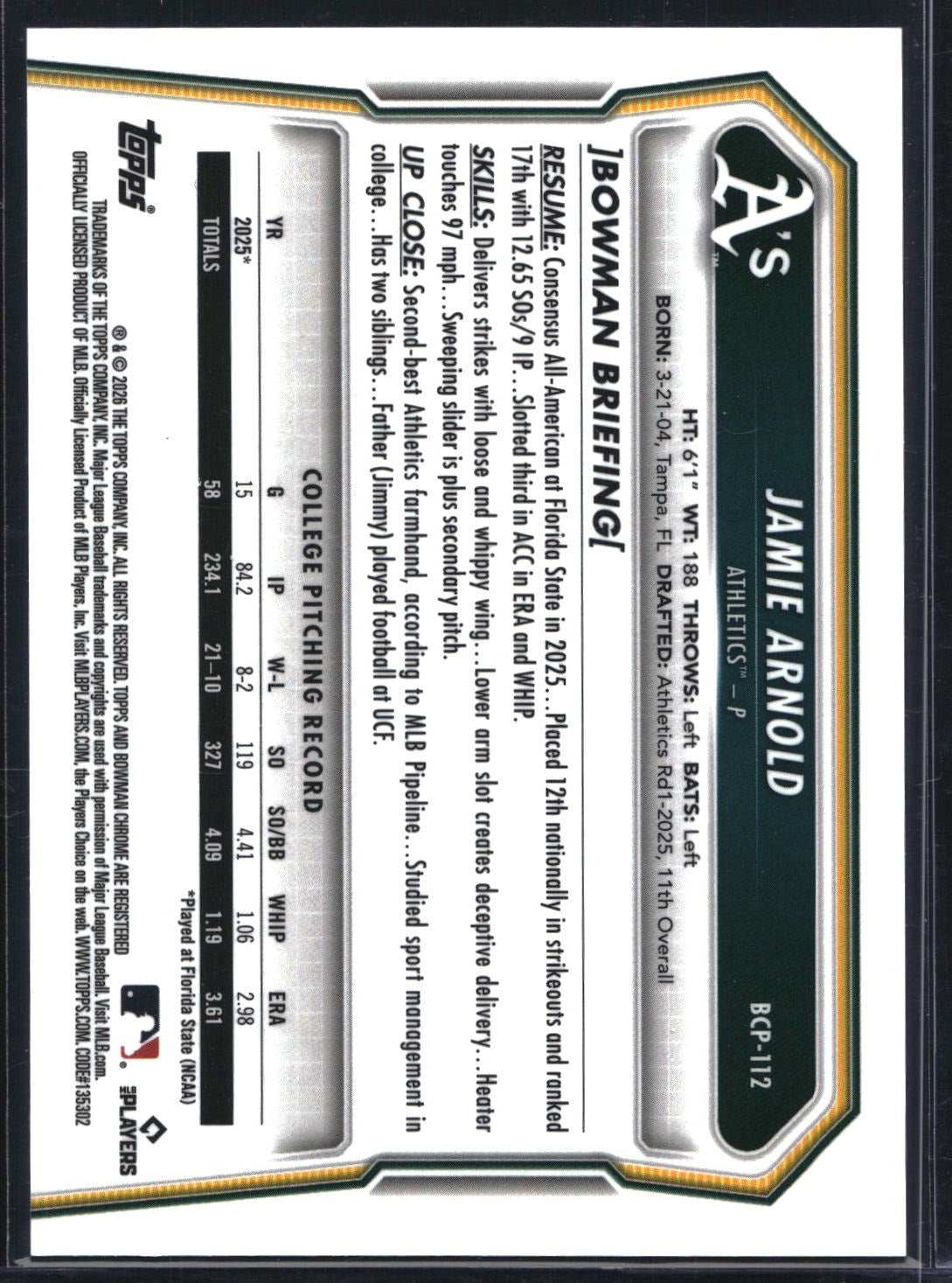 2026 Bowman #BCP-112 Jamie Arnold Chrome Prospects Green Shimmer Refractor #/99