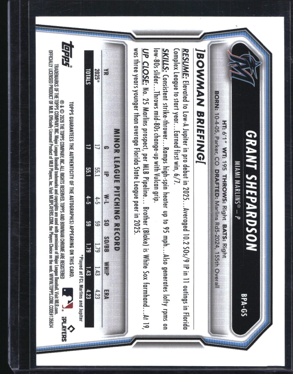 2026 Bowman #BPA-GS Grant Shepardson Prospect Autographs