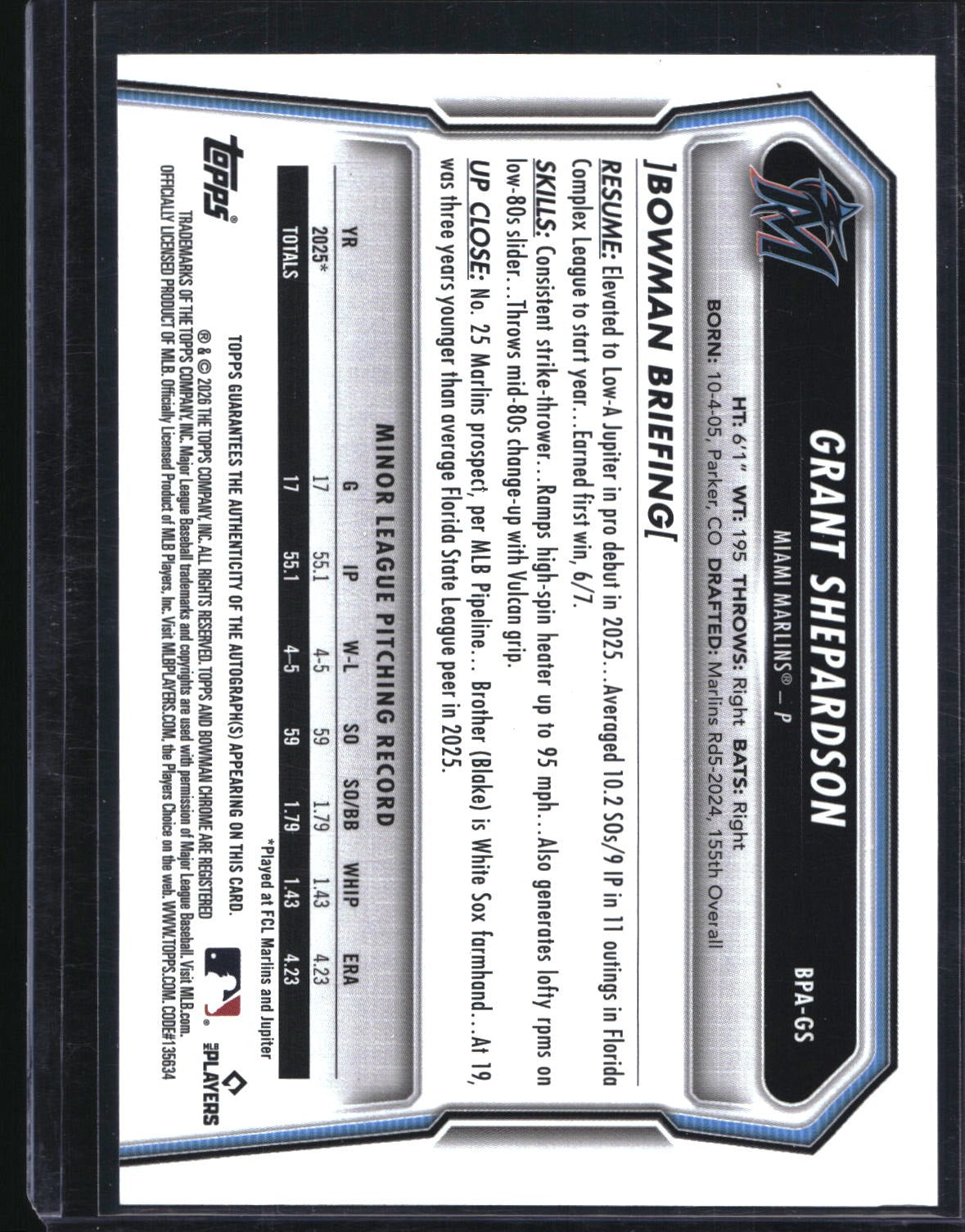 2026 Bowman #BPA-GS Grant Shepardson Prospect Autographs