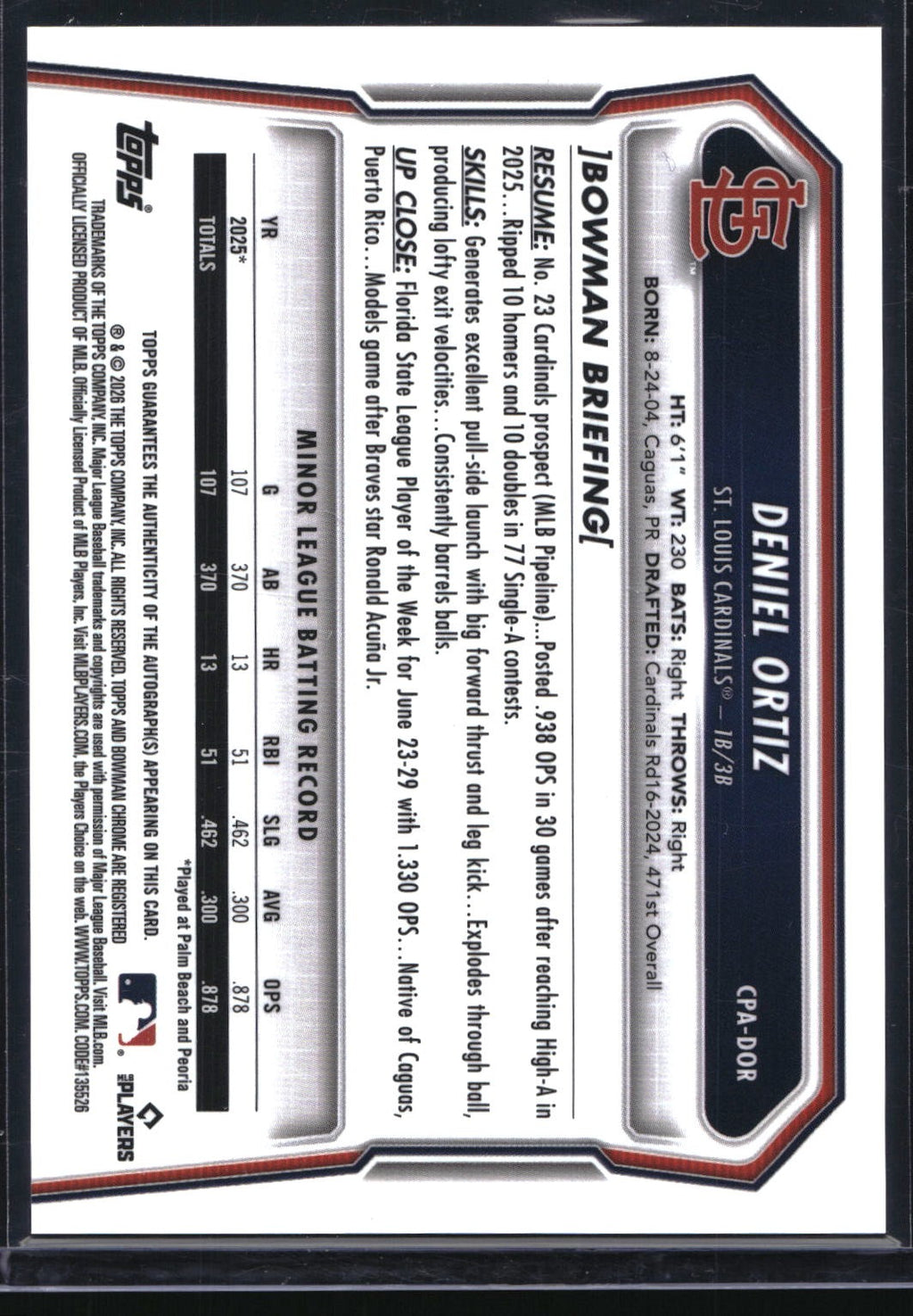 2026 Bowman #CPA-DOR Deniel Ortiz Chrome Prospect Autographs