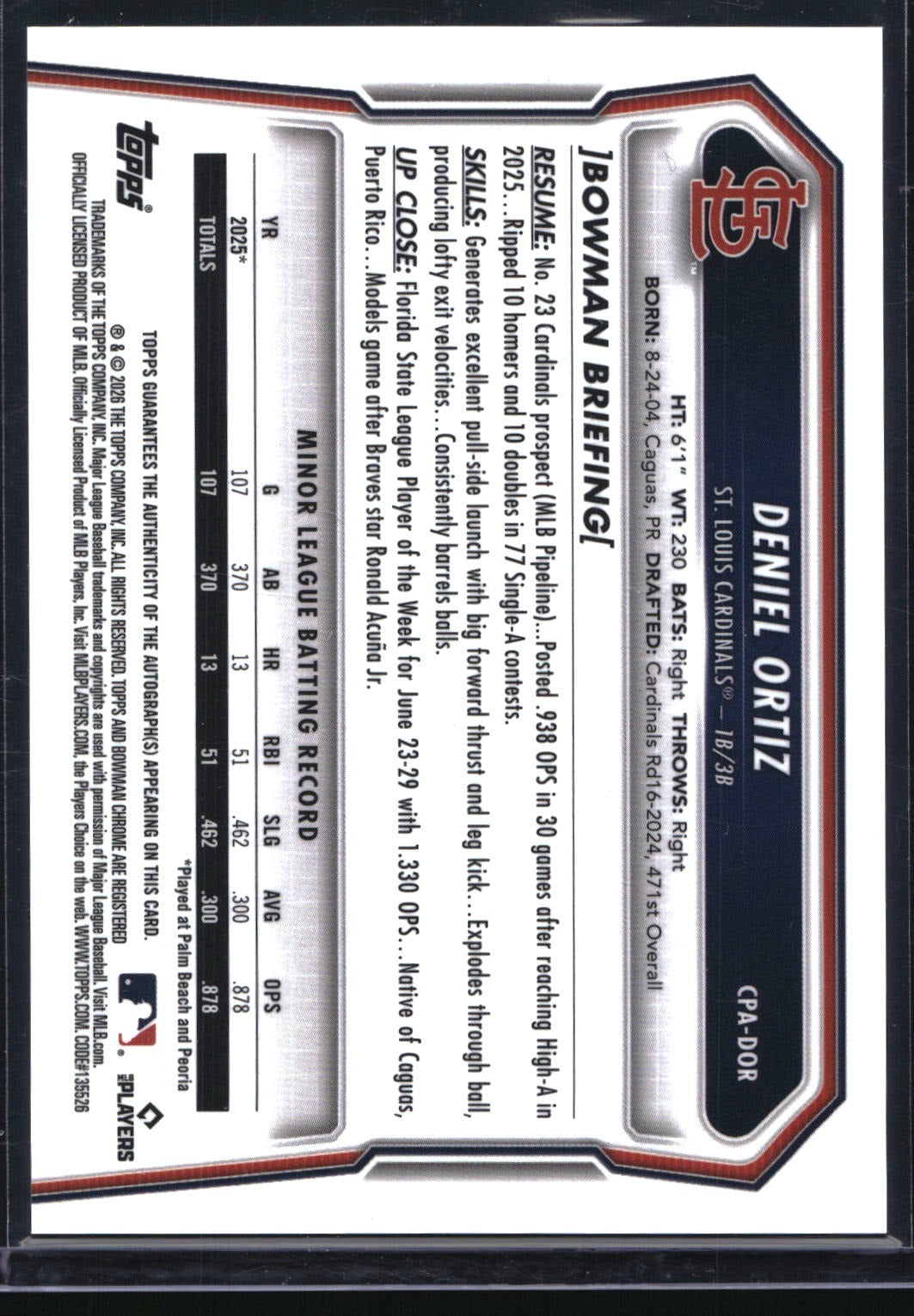 2026 Bowman #CPA-DOR Deniel Ortiz Chrome Prospect Autographs