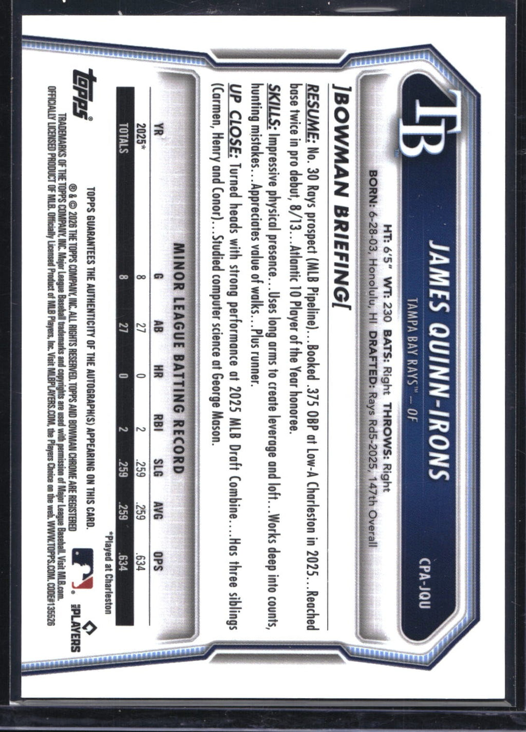 2026 Bowman #CPA-JQU James Quinn-Irons Chrome Prospect Autographs