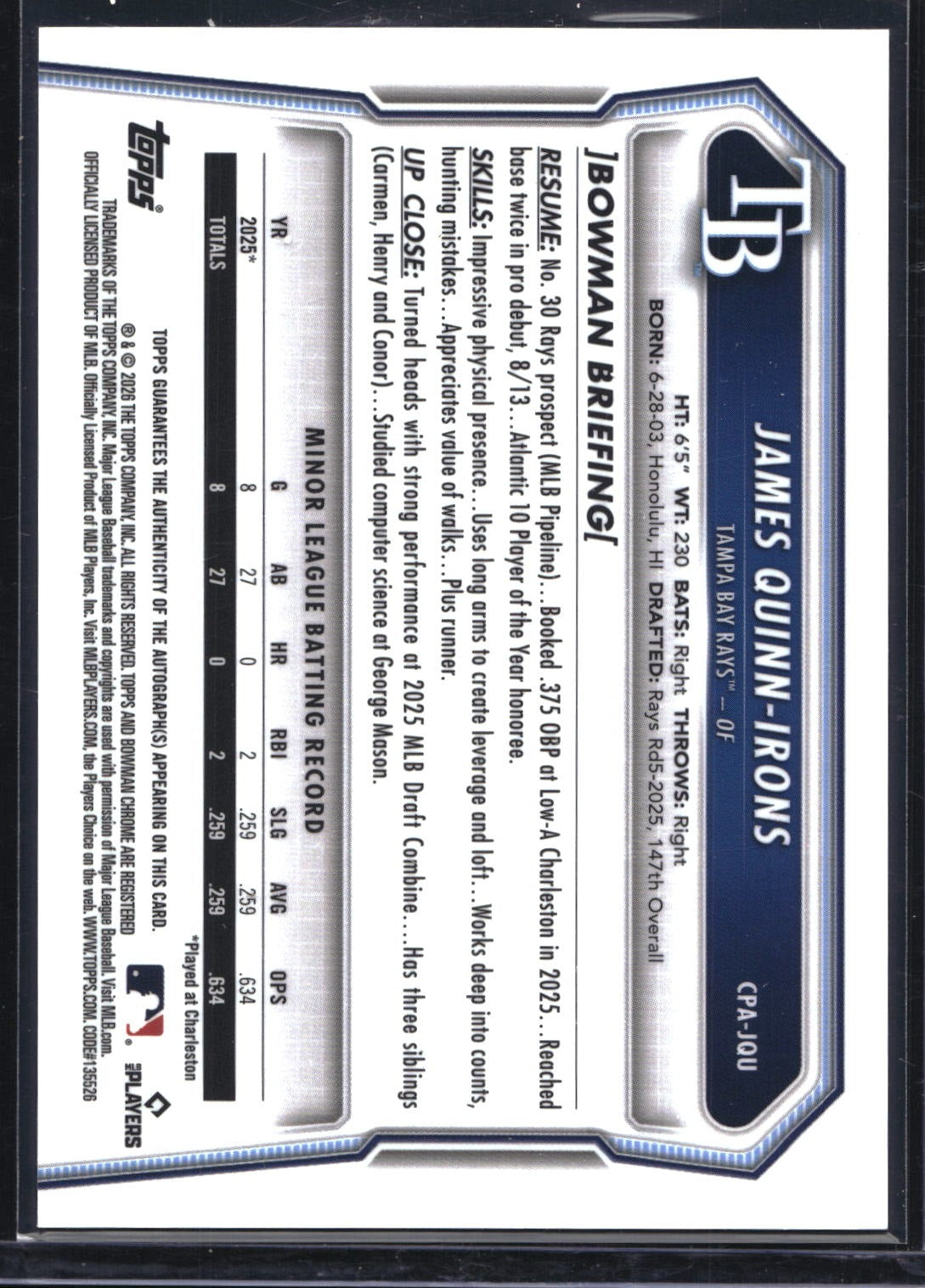 2026 Bowman #CPA-JQU James Quinn-Irons Chrome Prospect Autographs
